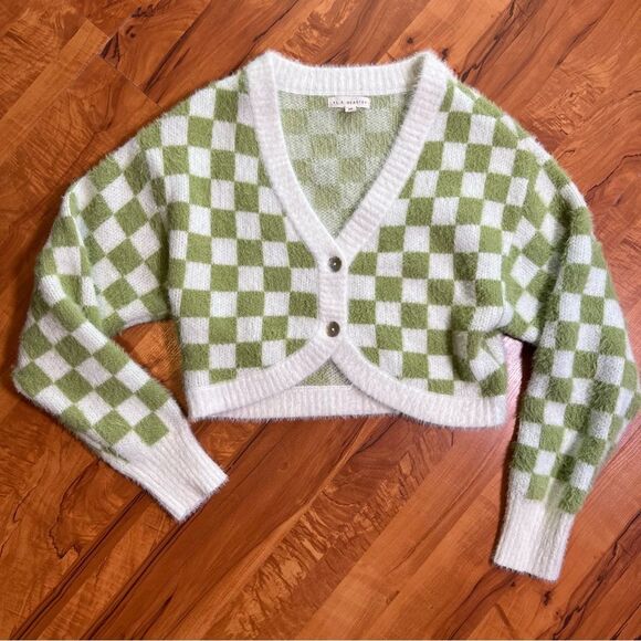 L.A.Hearts cropped cardigan sweater 💖 green and white checkerboard 💖 size XS - Picture 1 of 5
